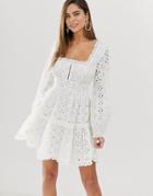 Asos Design Broderie Square Neck Mini Skater Dress With Lace Trims-white