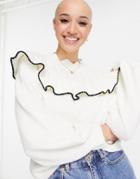 Miss Selfridge Ivory Pointelle Sacllop Neck Extreme Frill Sweater-white