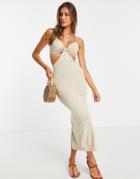 Na-kd Knitted Midi Dress With Cut Out Sides In Light Beige-neutral