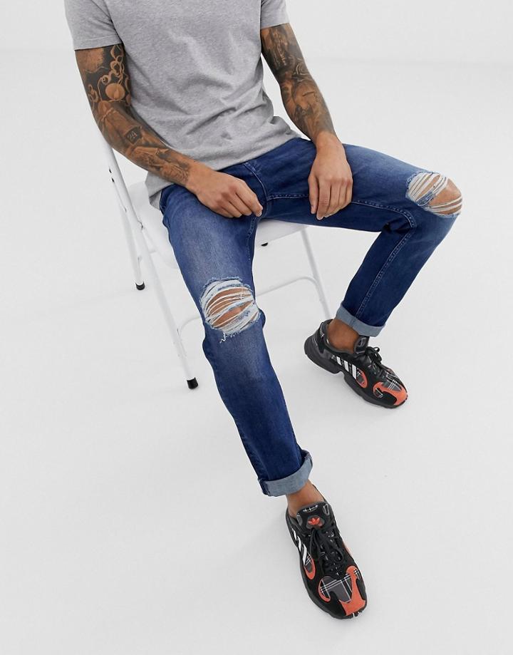 Asos Design Stretch Slim Jeans In Dark Wash Blue With Knee Rips - Blue
