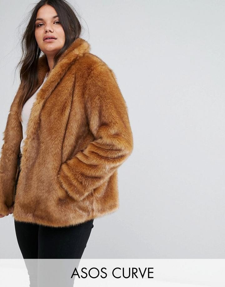 Asos Curve Coat In Vintage Faux Fur - Brown