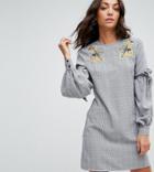 Fashion Union Tall High Neck Dress With Floral Embroidery And Ruffle Sleeve - Gray