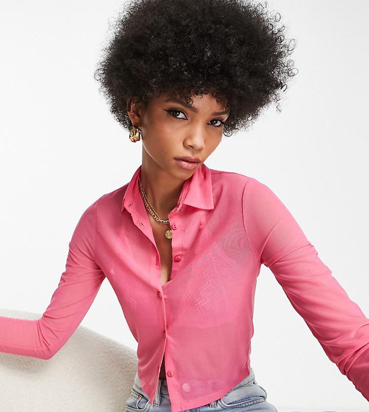 Asos Design Tall Mesh Crop Fitted Shirt In Pink