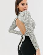 Asos Design Cowl Neck Long Sleeve Backless Top In Animal-multi