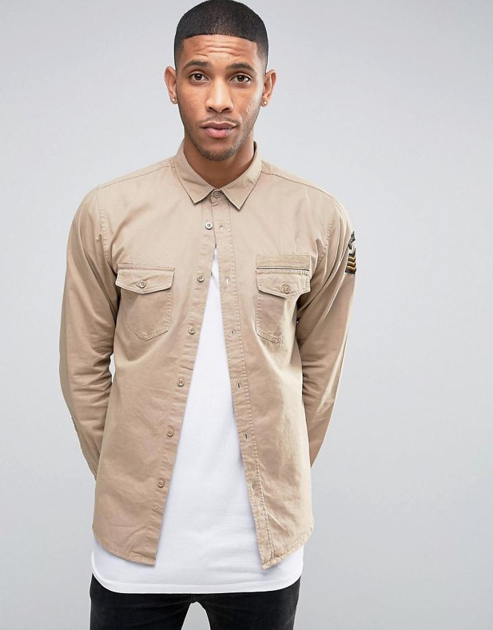 Brave Soul Military Badged Shirt Jacket - Stone