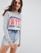 Asos Design Crop Sweat With Raw Hem And Nyc Print - Gray