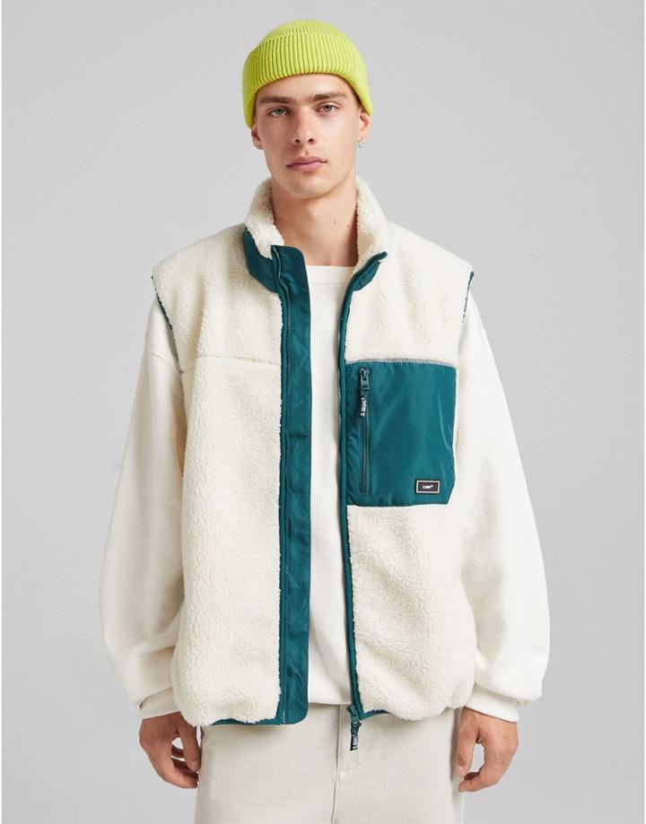 Bershka Vest In Beige Teddy Fleece-neutral