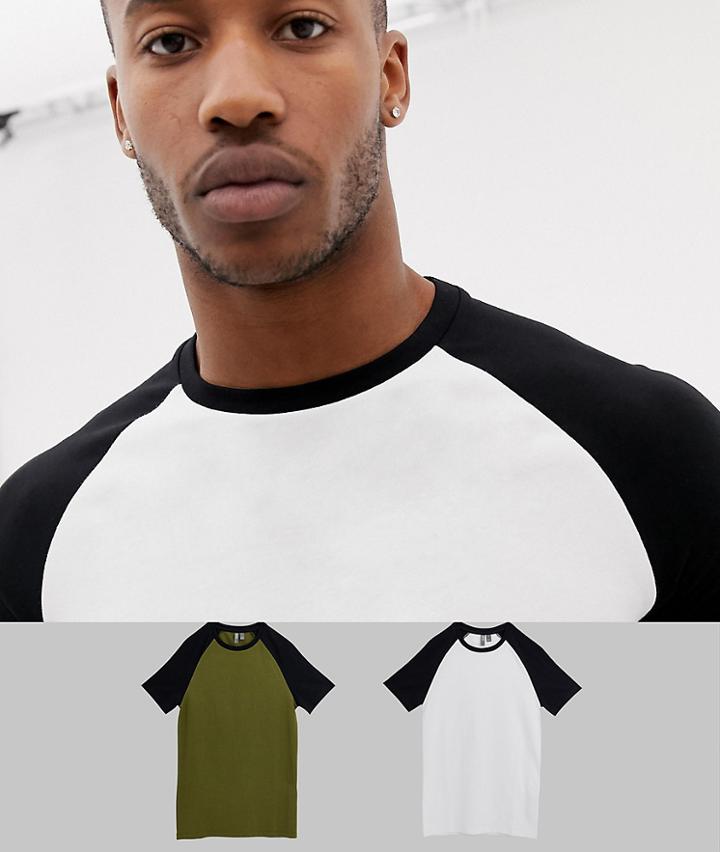 Asos Design Muscle Fit T-shirt With Crew Neck With Contrast Raglan 2 Pack Save - Multi