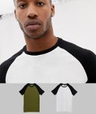 Asos Design Muscle Fit T-shirt With Crew Neck With Contrast Raglan 2 Pack Save - Multi