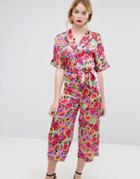 Warehouse Premium Silk Pansy Print Wrap Jumpsuit - Pink