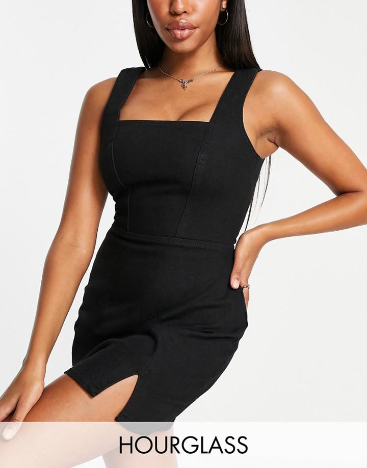 Asos Design Hourglass Denim Seamed Fitted Pinafore Dress In Black