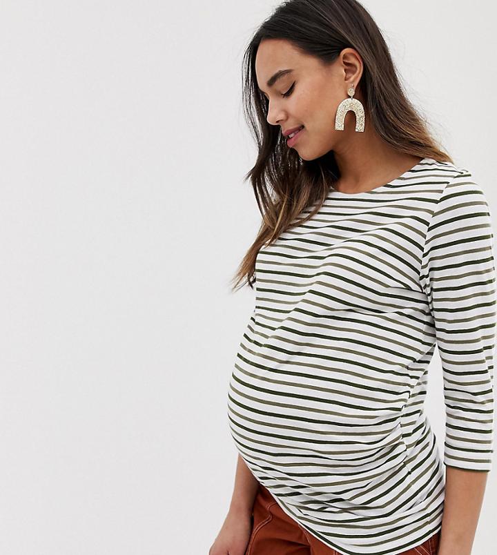 New Look Maternity Long Sleeve Stripe Top In Green