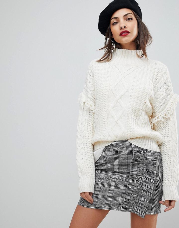 Mango High Neck Fringe Detail Sweater - Beige