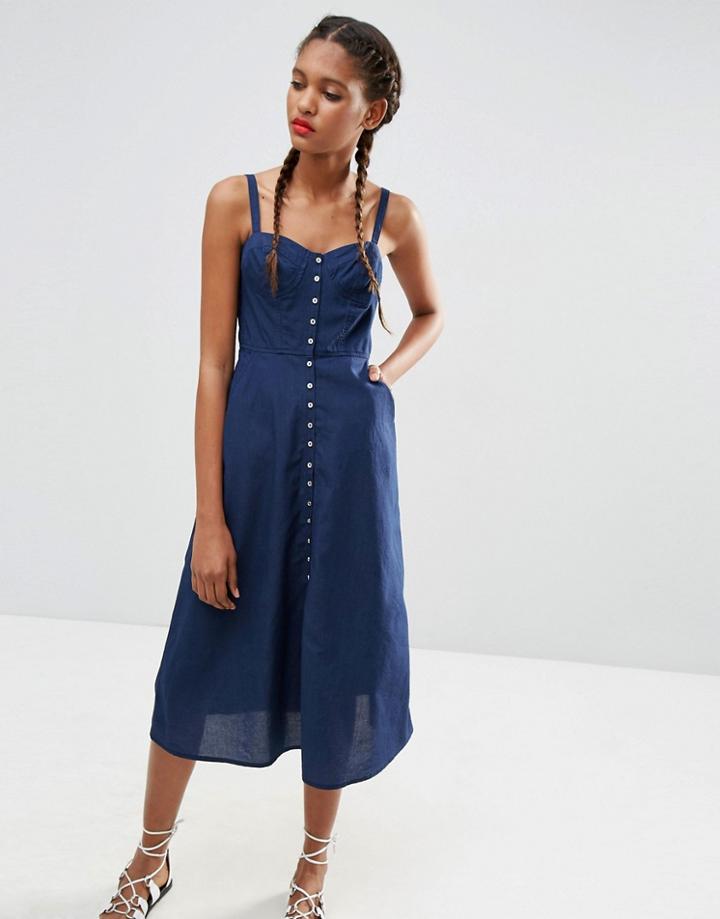 Asos Denim Bethany Button Through Midi Dress - Darkwash Blue