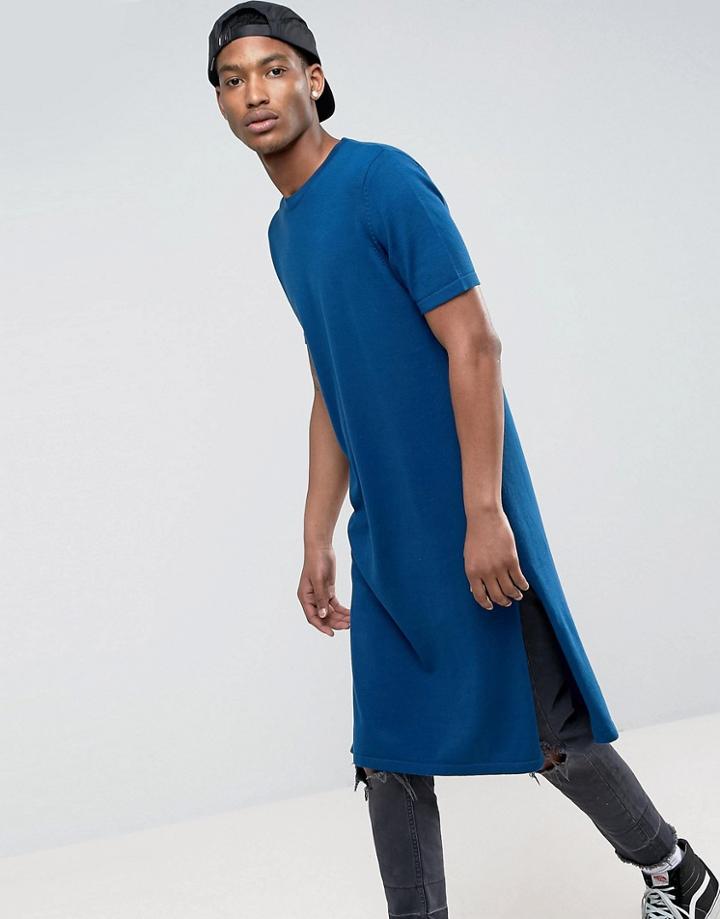 Asos Extreme Longline Knitted T-shirt With Side Splits In Navy - Navy