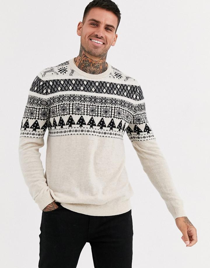 Asos Design Lambswool Fairisle Sweater In Oatmeal-beige