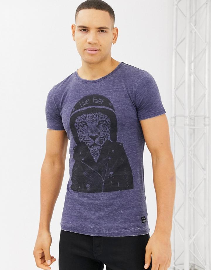 Blend Slim Fit T-shirt With Motorbike Tiger - Blue