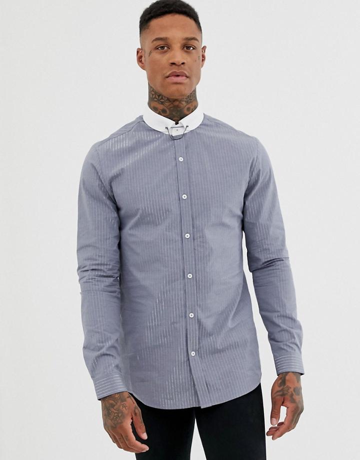 River Island Pinstripe Shirt With Collar Bar In Gray - Gray