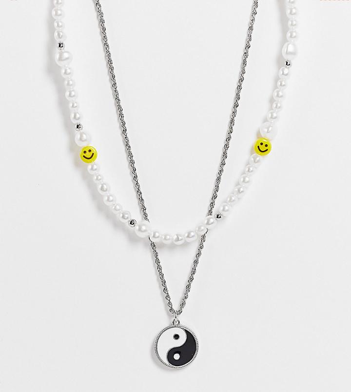 Reclaimed Vintage Inspired Unisex Necklaces With Faux Pearl Smile And Yin Yang Charm In Silver