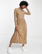 Pieces Asta Black Long Sleeve Midi Dress In Beige Polka Dot-multi