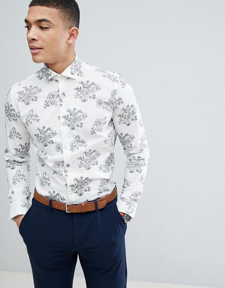 Moss London Extra Slim Smart Shirt In White Floral Print - White
