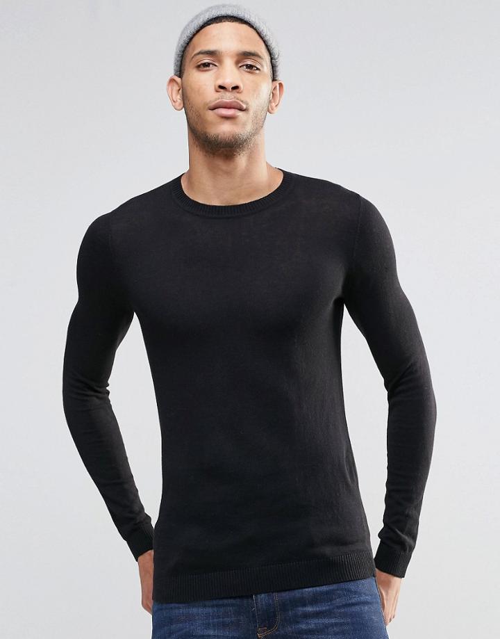 Asos Muscle Fit Crew Neck Sweater In Black Cotton - Black