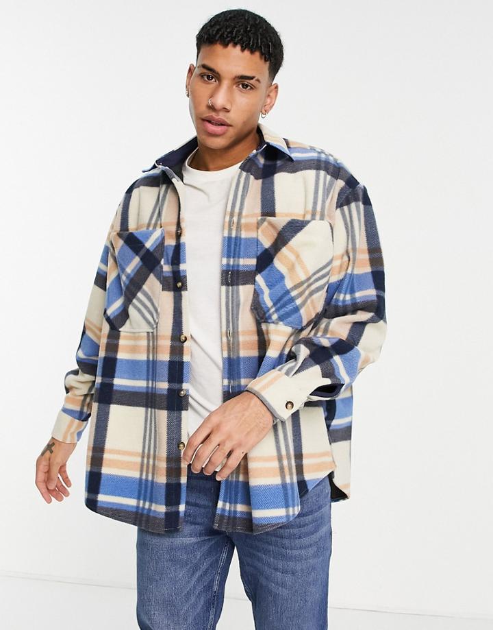 Topman Plaid Fleece Overshirt In Blue