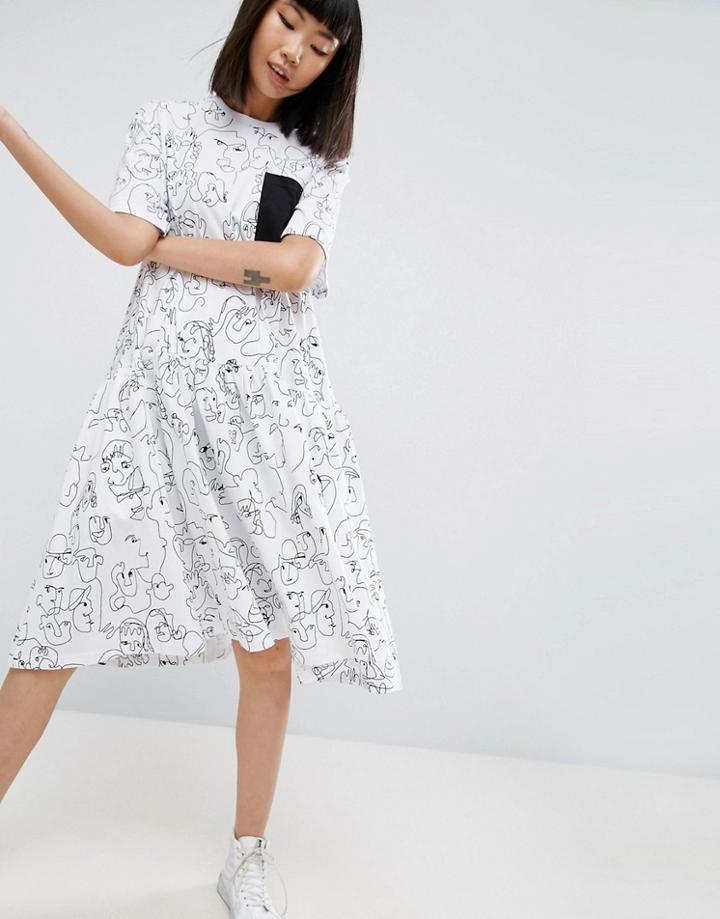 Asos White Face Print Drop Hem Dress - Multi