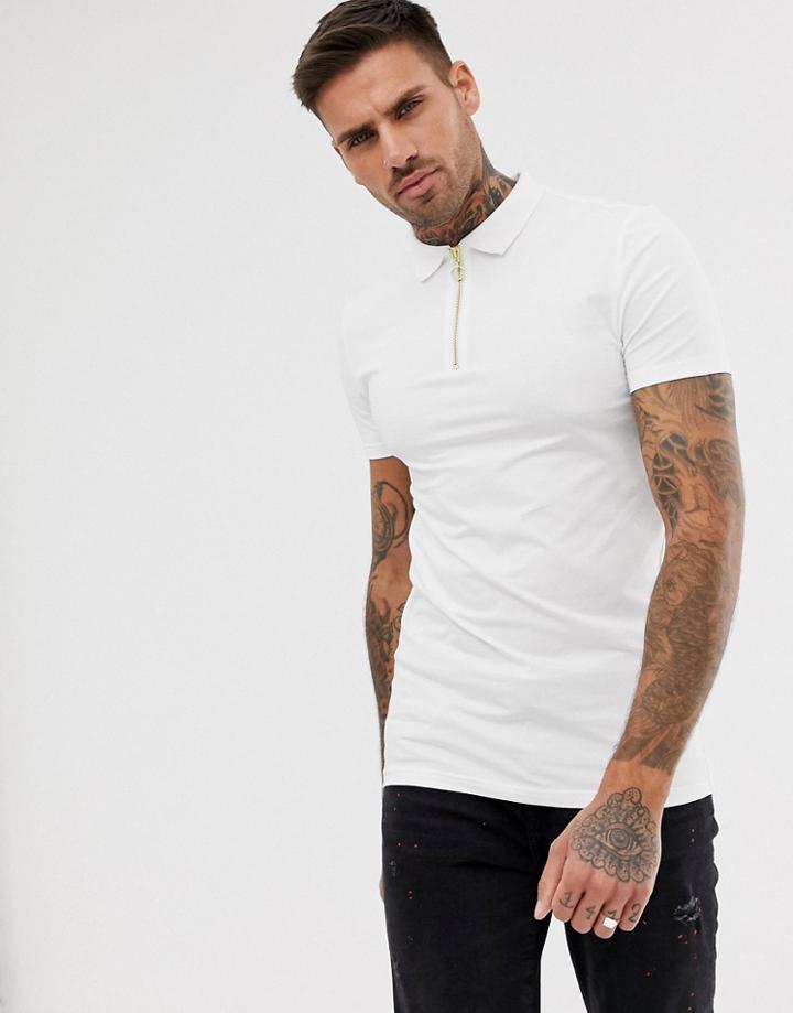Asos Design Muscle Fit Polo With Zip Neck In White - White