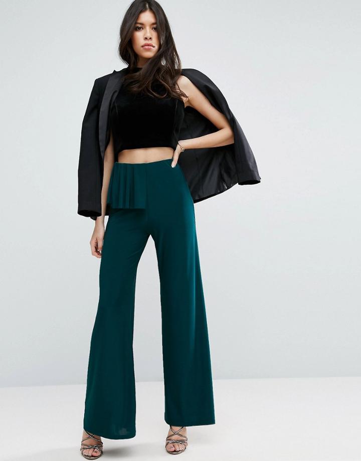 Asos Slinky Wide Leg Pants With Ruffle Detail - Green