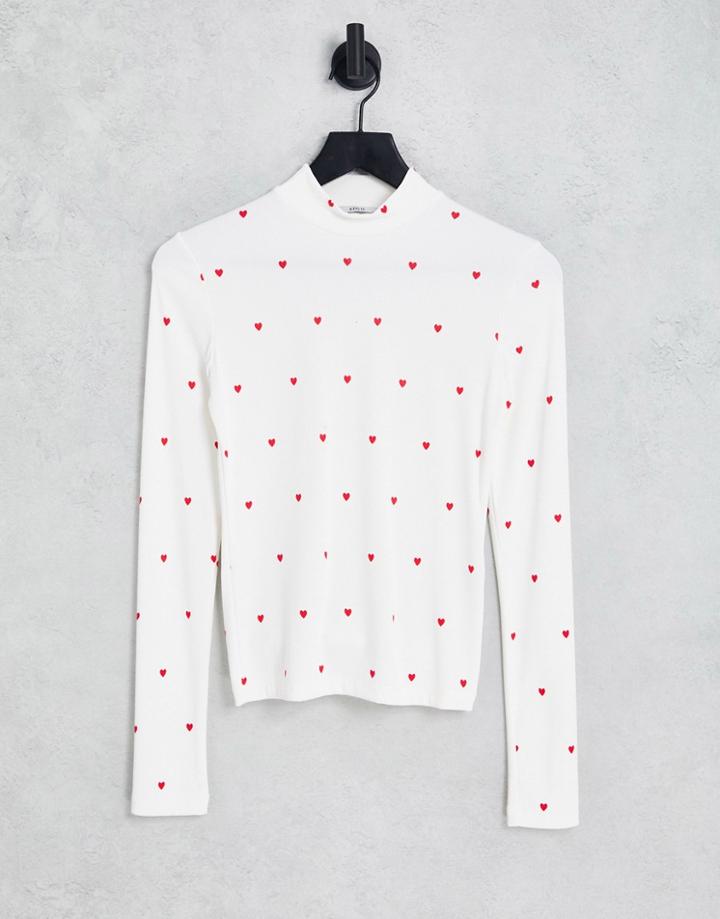 Envii High Neck Long Sleeve Top In Heart Print-white