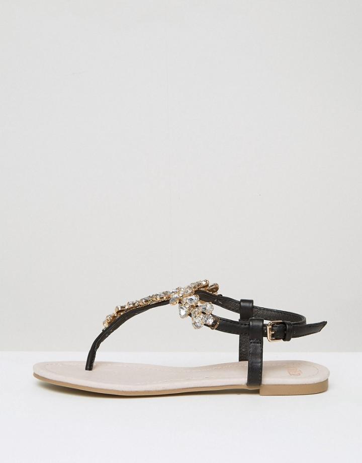 Faith Embellished Flat Sandals - Black