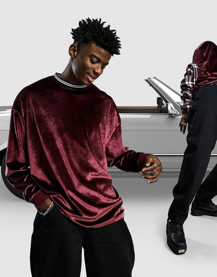 Asos Design Oversized Long Sleeve T-shirt With Tipped Neck In Red Velour