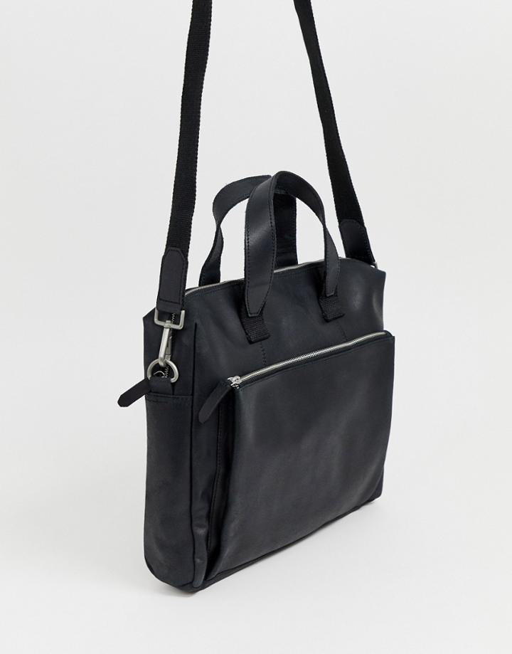 Asos Design Leather Satchel In Black With Front Zip Pocket