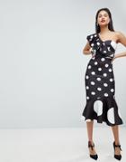 Asos Mono Spot Ruffle Midi Bodycon Dress - Multi