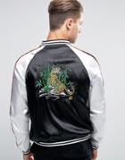Liquor & Poker Embroidered Satin Bomber Tiger - Black