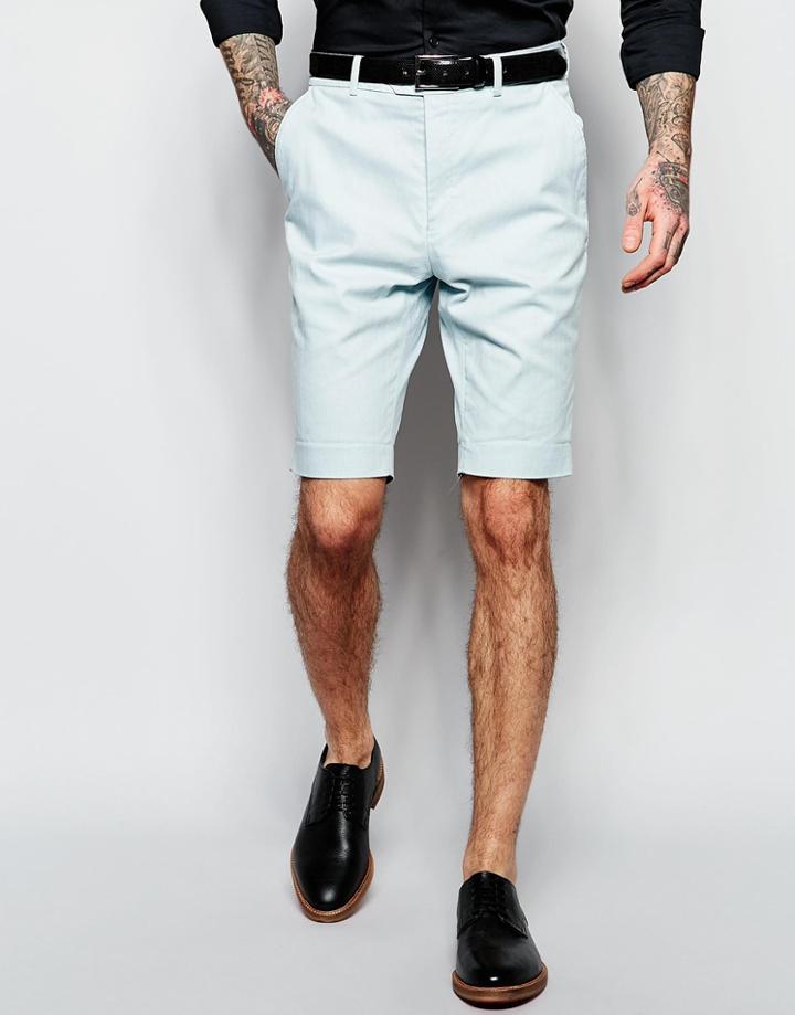 Devil's Advocate Skinny Stretch Fit Herringbone Suit Shorts - Blue