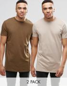 Asos 2 Pack Longline T-shirt With Crew Neck Save 12% In Khaki/stone