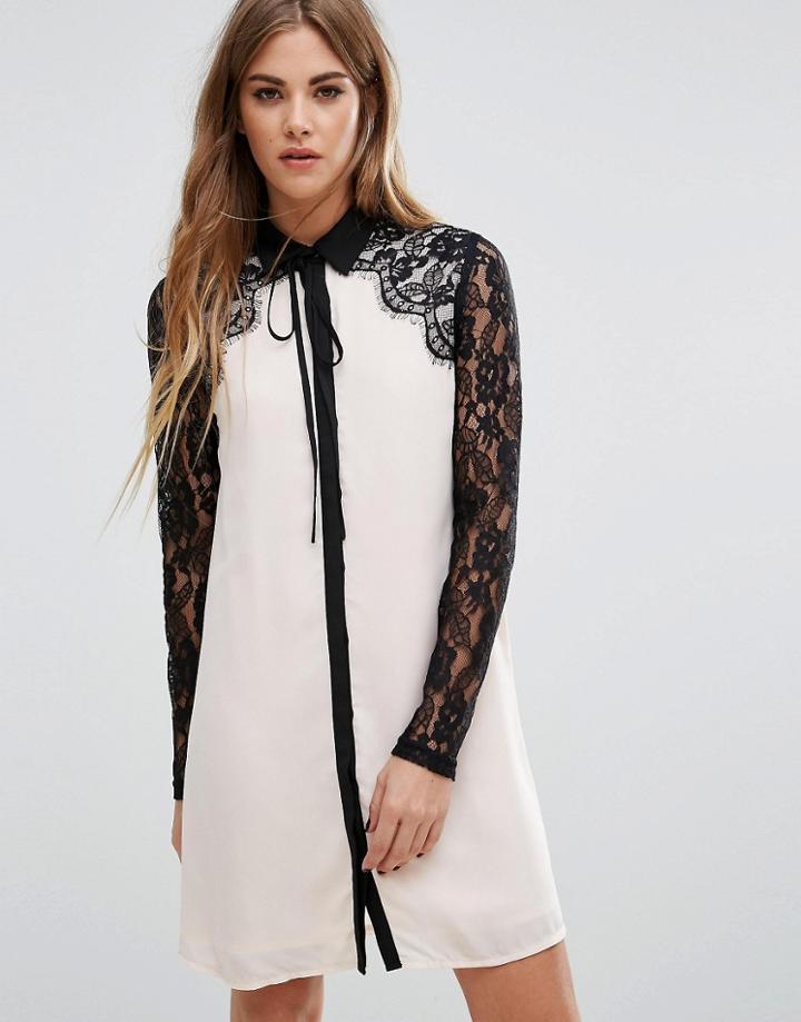 Fashion Union Lace Detailed Shift Dress With Tie Neck - Pink