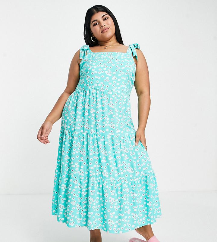 Influence Plus Tie Cami Tiered Midi Tea Dress In Green Multi