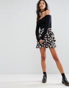 Motel Ruffle Skirt In Floral Print - Black