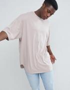 Asos Design Oversized Longline T-shirt With Deep Curve Hem In Beige - Pink