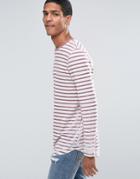 Asos Longline Long Sleeve T-shirt With Burnout Stripe And Curve Hem - White