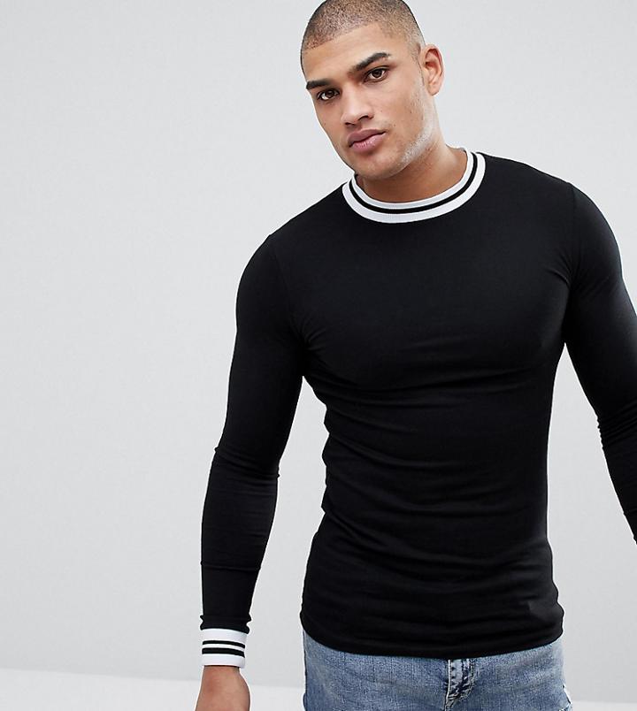 Asos Tall Muscle Fit Long Sleeve T-shirt With Contrast Tipping In Pique In Black - Black