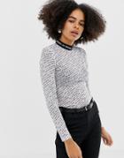Monki High Neck Mesh Top With Text Print In Off White - White