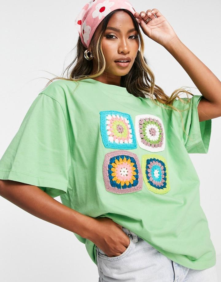 Topshop Oversized Crochet Tee In Green