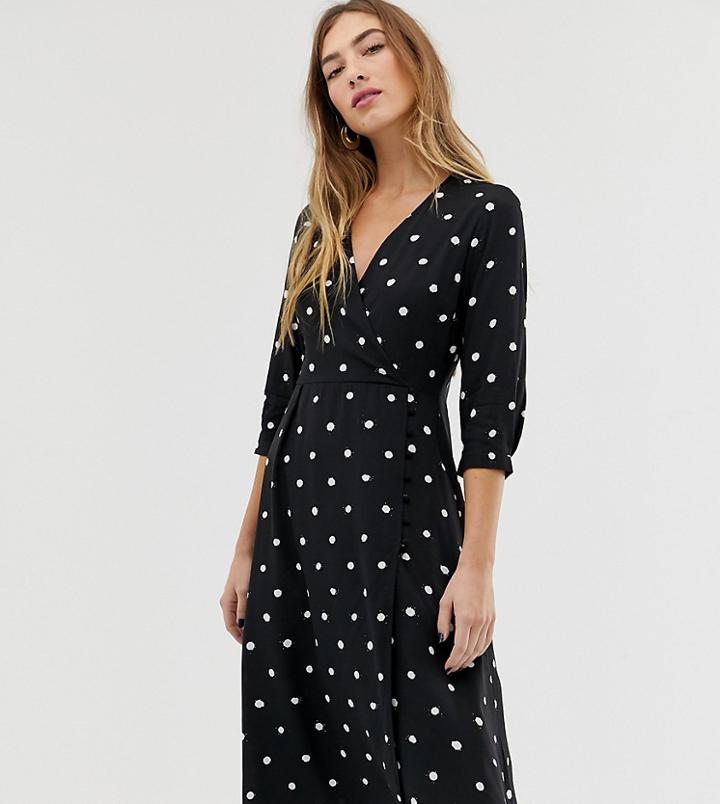 Warehouse Wrap Midi Dress In Polka Dot - Black