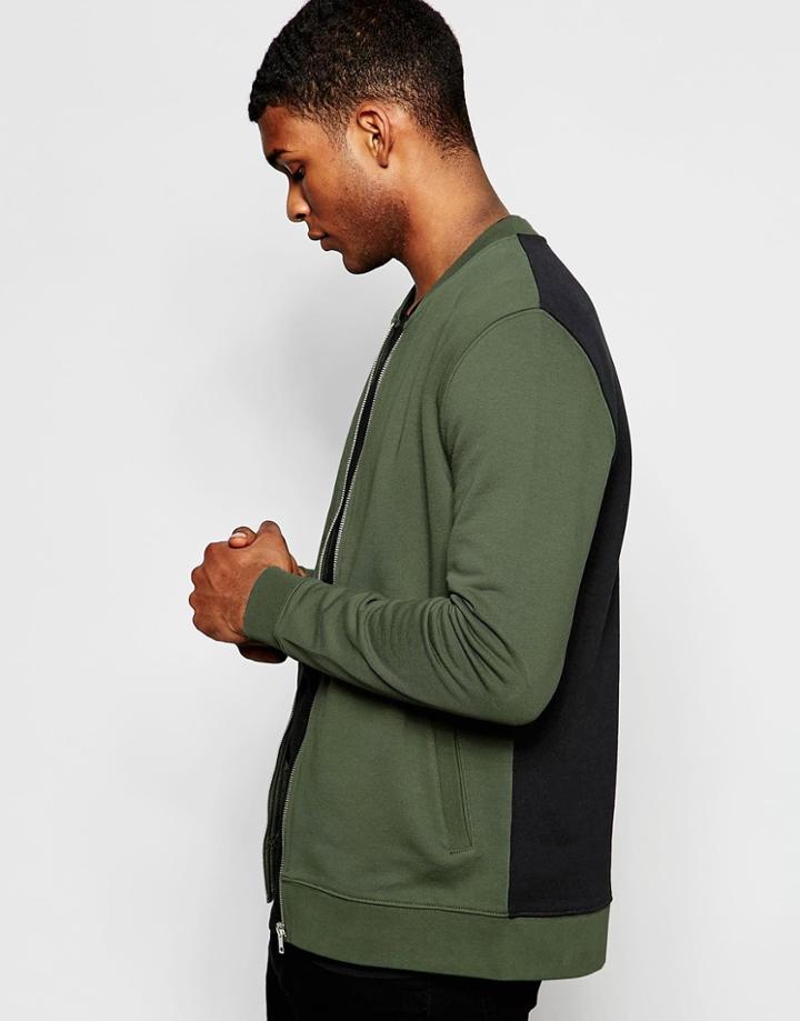 Asos Jersey Bomber Jacket With Color Block In Khaki - Khaki