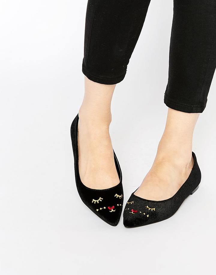Asos Lucky Mouse Face Pointed Ballet Flats - Black