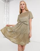 Urban Threads Bow Front Drop Hem Smock Dress-gold